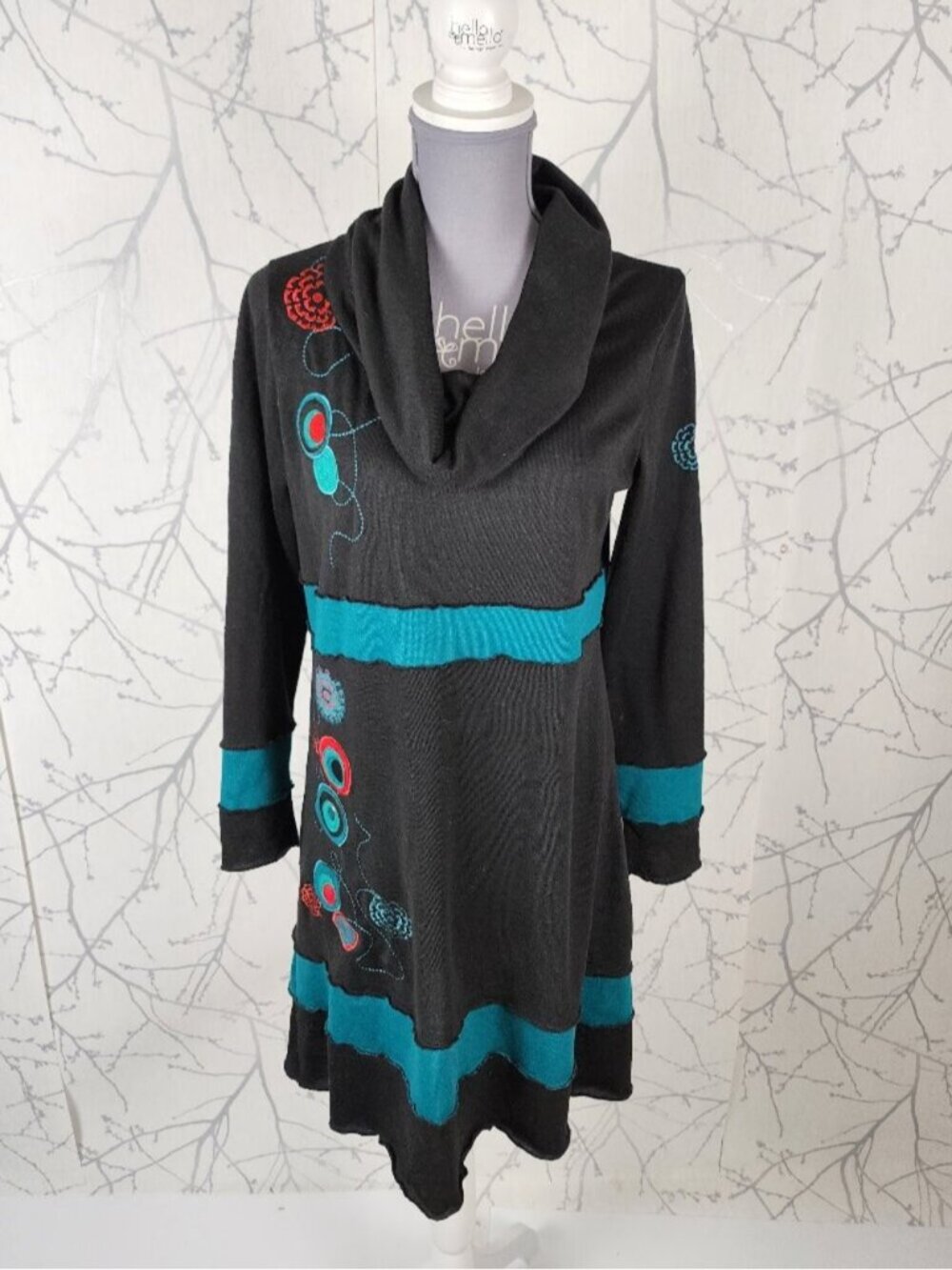 Coline Artsy Art To Wear Patchwork Circle Cowl Neck Midi Dress